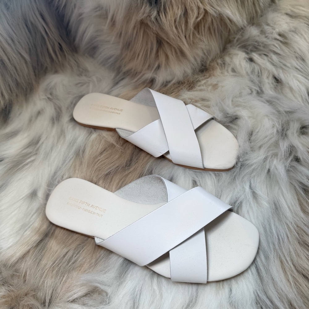 SAKS FIFTH AVENUE ~ Leather Sleek White Women's Slides ~ Made in Italy